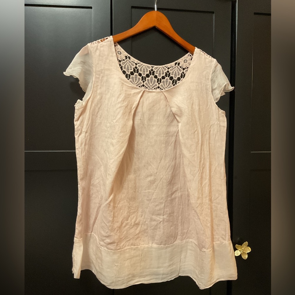 Marisa and Marie Lace-Accent Blouse in Soft Pink, linen and silk, size large L